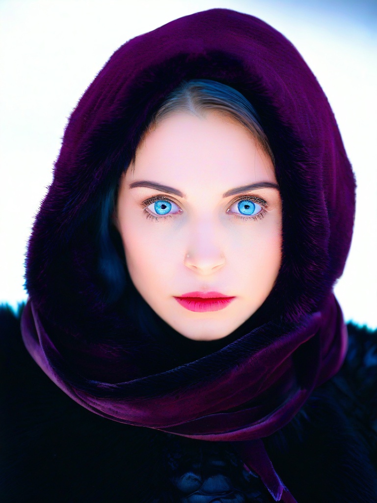 a woman with blue eyes wearing a black fur coat and a maroon scarf. Her face is clearly visible, with her eyes looking directly at the viewer
