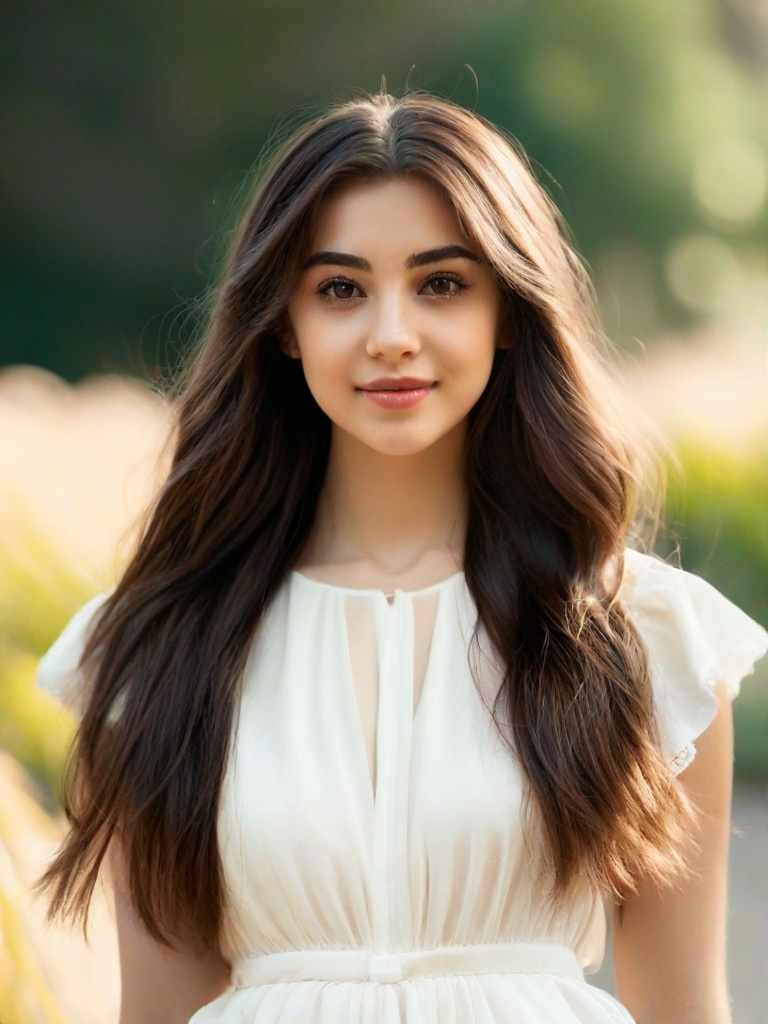 a beautiful young woman with long brown hair wearing a white dress, standing in front of a blurred background
