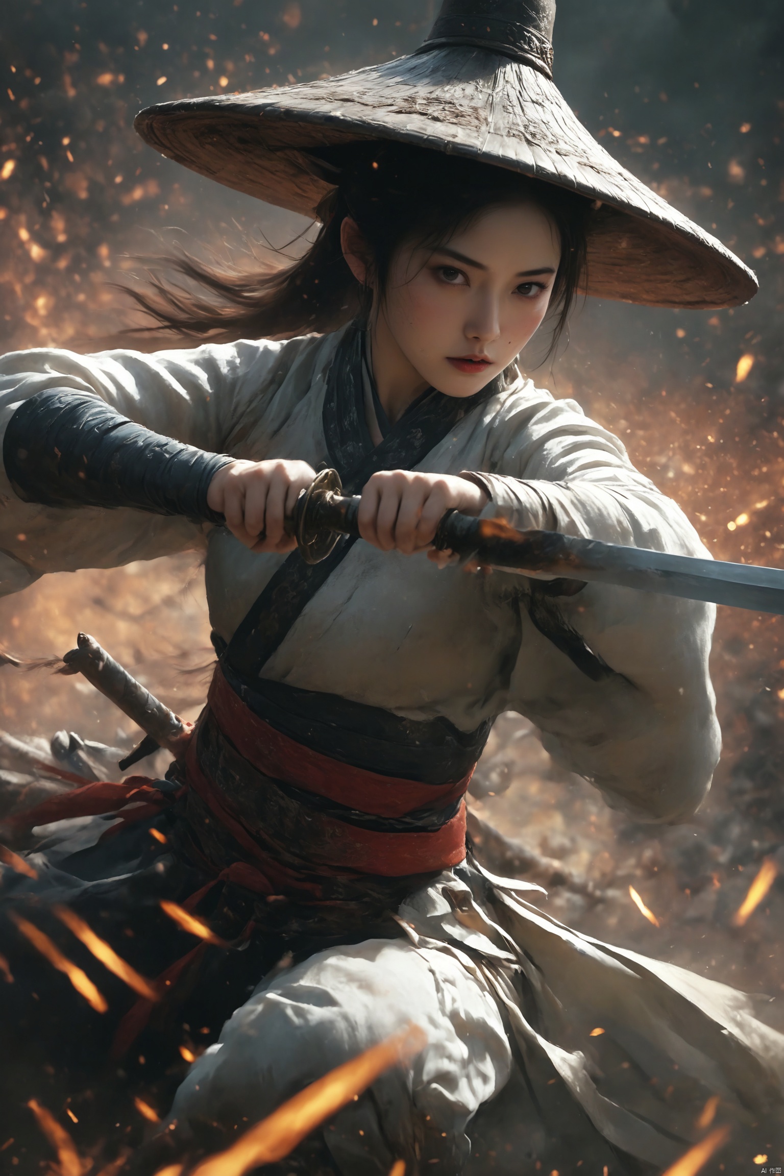 武侠, 这幅画描绘的是一名身着东亚传统服饰的女子, 她是一位女侠。他的表情严肃而专注,表明他正处于紧张或行动的时刻。帽子是某些文化和时期的特色,通常与朴素和谦逊有关。火花四溅的动态背景暗示着运动,可能是一个战斗场景。包括剑在内的服饰暗示着历史背景,很可能是现代之前。整体印象是一个强大而坚定的人,背景是冲突或斗争。
