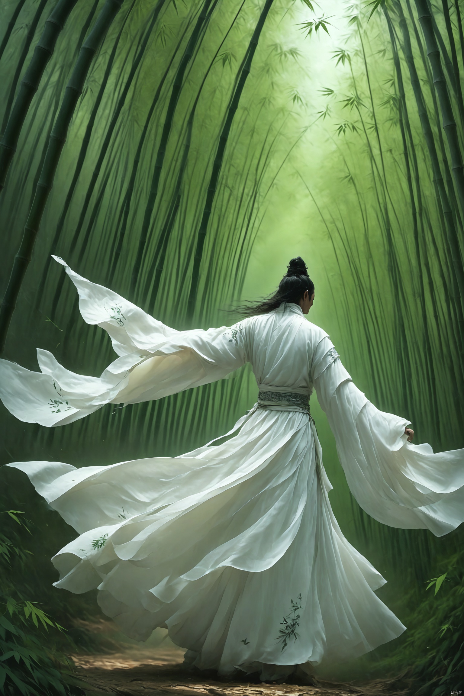 武侠, 该图像是一幅数字艺术作品,捕捉了中国传统服饰和自然的精髓。主体是一个身着白色长袍的人,长袍的袖子飘逸,象征着优雅和动感。长袍的设计让人联想到历史上的中国服饰,这种服饰经常出现在文化表演或古代中国的表现中。人物的姿势暗示着一种舞蹈或与自然的精神联系,仿佛他们是森林本身的一部分。背景是高大的竹树,在中国文化中,竹树通常与宁静和长寿联系在一起。绿叶茂密,郁郁葱葱,表明森林健康、繁茂。透过竹林的光线营造出一种宁静的氛围,增强了场景的神秘感。整体印象是人与周围环境的和谐,唤起一种平和的感觉和与自然的联系。