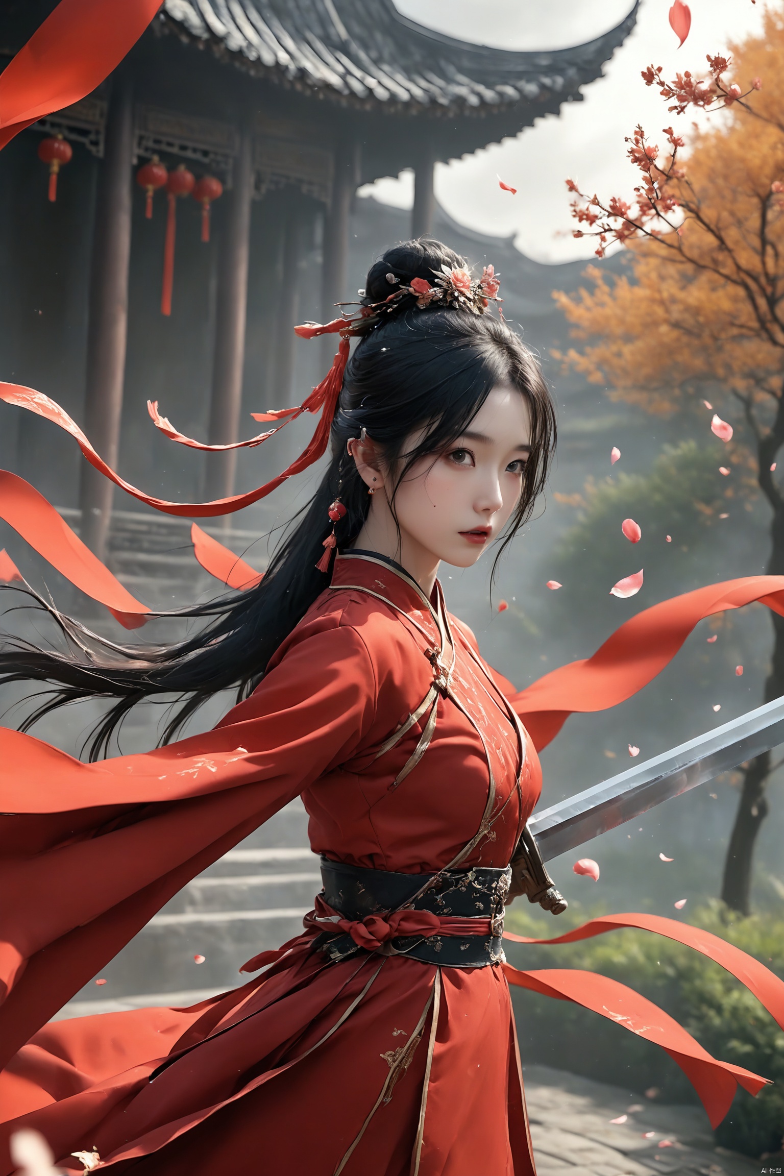 WU XIA, 1girl, solo, long hair, black hair, hair ornament, long sleeves, ribbon, holding, closed mouth, standing, ponytail, weapon, flower, outdoors, sky, sword, wide sleeves, holding weapon, blurry, tree, sash, petals, holding sword, chinese clothes, katana, building, sheath, tassel, architecture, east asian architecture, falling petals

