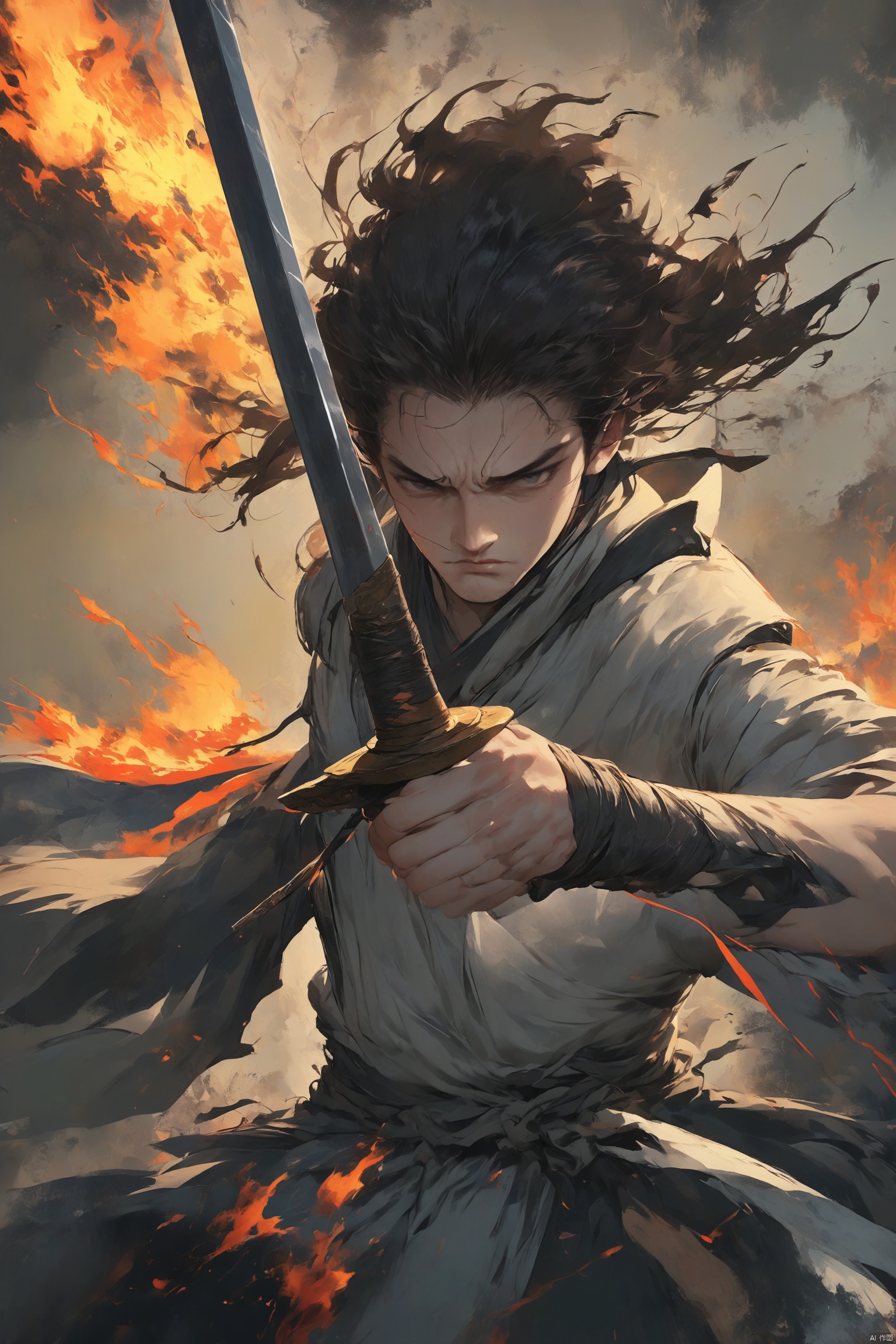 武侠, 该图片描绘的人物看起来像是来自动漫或漫画,因为其风格化的特征和戏剧性的姿势。该人物手持一把剑,剑柄和剑刃细节丰富,暗示着动作或战斗。飘逸的头发和衣服表明动作,可能是在战斗场景中。背景是抽象的,带有火焰元素,可能代表混乱或毁灭,这些元素通常伴随着此类媒体中的激烈场景。色调主要是冷色调,背景中的暖色除外,形成了鲜明的对比。