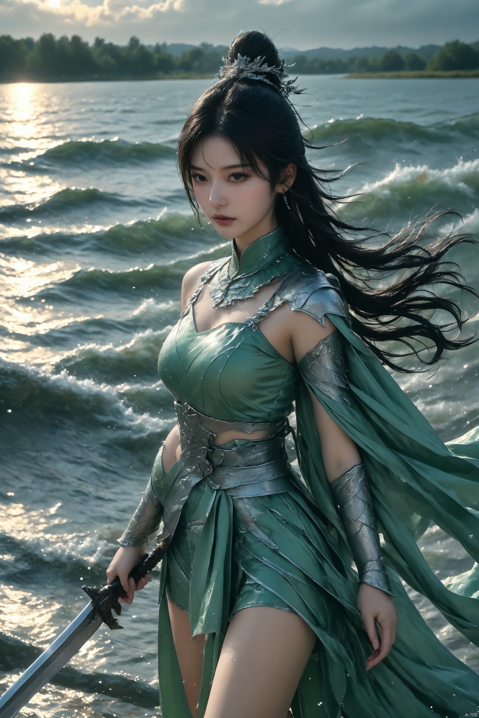 武侠, 女侠穿着一套淡绿色的短甲,肩上披着银色的披风,手中握着一把闪烁着寒光的长剑。她的乌黑长发在风中飞舞,眼神如星辰般明亮,透着无畏与坚定。背景是一片波涛汹涌的湖泊,湖面在月光下泛起粼粼波光,似乎在呼唤她踏上新的冒险旅途。
