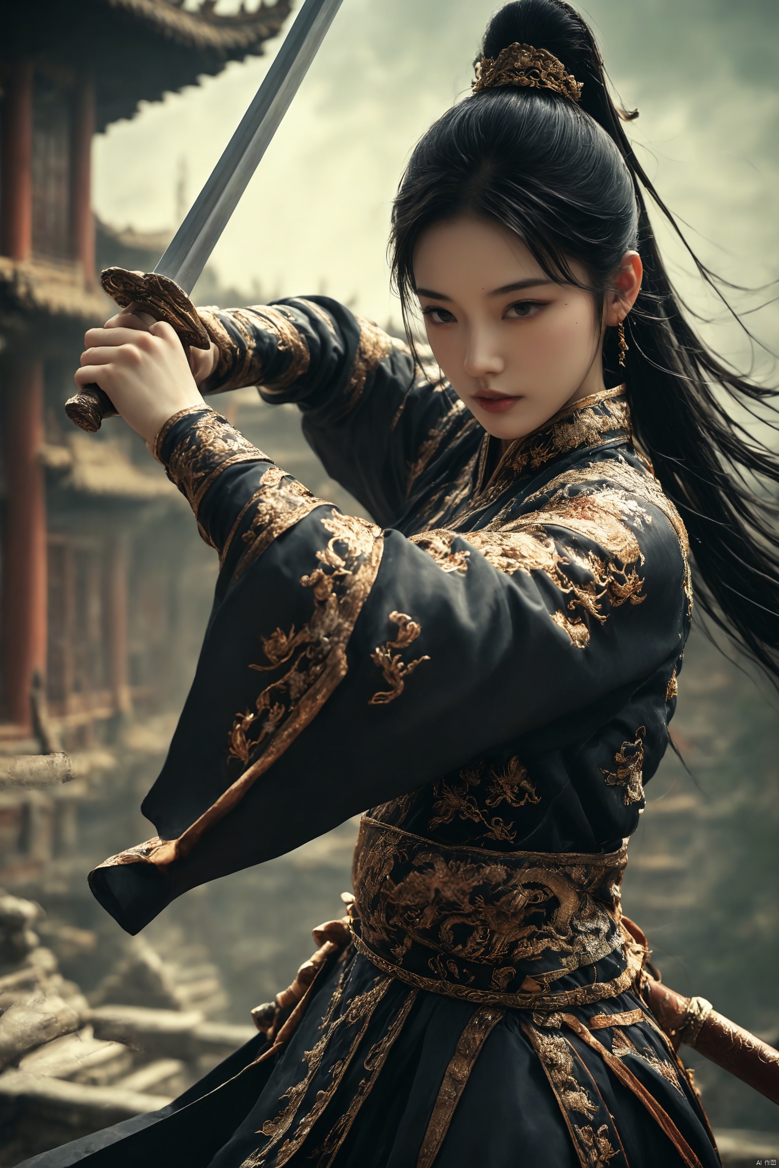 武侠, 女侠穿着绣有金龙的华丽汉服,手握一把古朴的长剑,姿态优雅而从容。黑色的长发高高束起,背景是古老的宫殿,历史的厚重感令人心生敬畏,她仿佛在诉说着无尽的传奇故事。