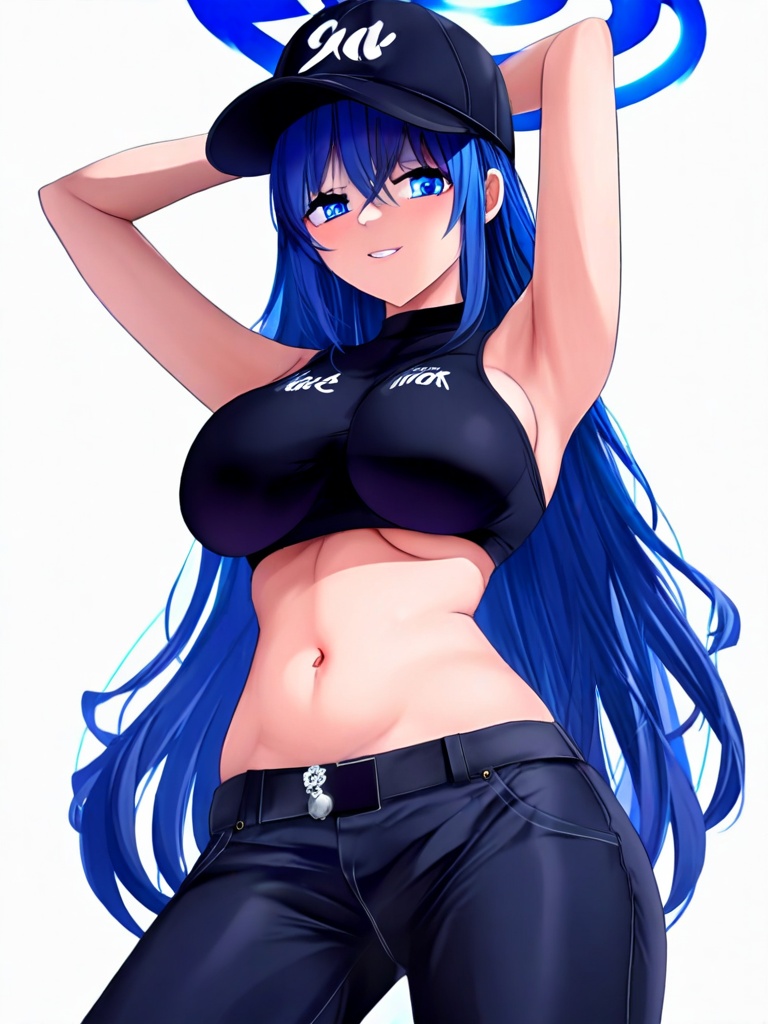 1girl, solo, long hair, breasts, looking at viewer, blue eyes, shirt, large breasts, hat, navel, standing, blue hair, sleeveless, pants, belt, midriff, stomach, armpits, halo, arm up, crop top, black shirt, black headwear, sleeveless shirt, mask, black pants, baseball cap, mouth mask, saori (blue archive)
