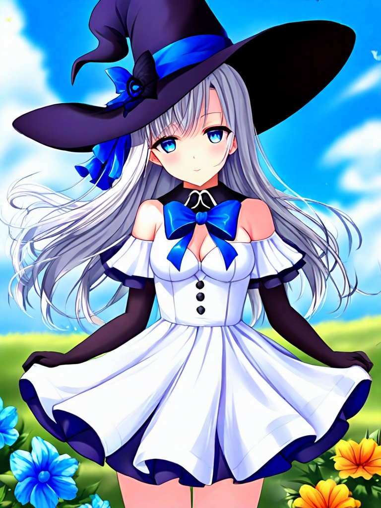 1girl, solo, long hair, breasts, looking at viewer, blue eyes, gloves, dress, hat, bow, closed mouth, medium breasts, collarbone, grey hair, flower, short sleeves, outdoors, sky, black gloves, day, puffy sleeves, elbow gloves, white dress, puffy short sleeves, black headwear, blue bow, witch hat, white flower
