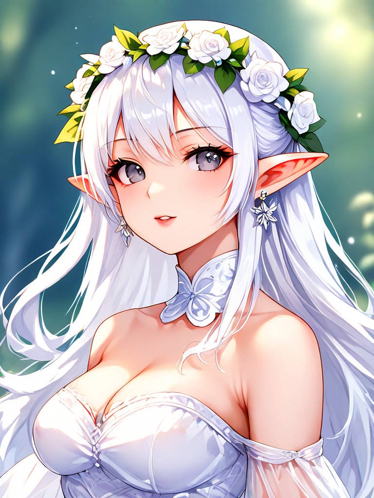 1girl, solo, long hair, breasts, looking at viewer, dress, jewelry, bare shoulders, medium breasts, upper body, white hair, flower, earrings, parted lips, detached sleeves, pointy ears, hair flower, white dress, blurry, grey eyes, elf, head wreath
