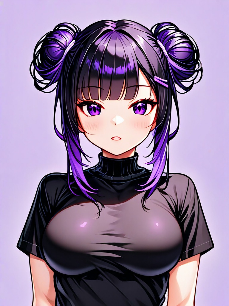 1girl, solo, breasts, looking at viewer, simple background, shirt, black hair, closed mouth, purple eyes, upper body, purple hair, multicolored hair, hair bun, streaked hair, black shirt, double bun
