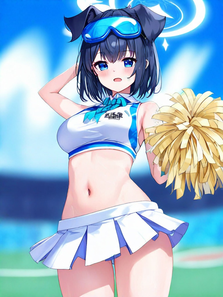1girl, solo, breasts, blush, blue eyes, skirt, black hair, holding, navel, animal ears, medium breasts, tail, official alternate costume, stomach, halo, goggles, eyewear on head, dog ears, goggles on head, dog tail, dog girl, cheerleader, pom pom (cheerleading), holding pom poms, millennium cheerleader outfit (blue archive), hibiki (blue archive), hibiki (cheer squad) (blue archive)
