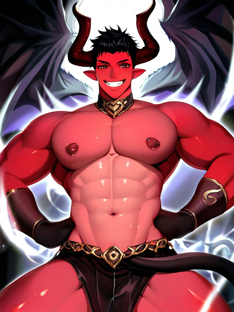 solo, smile, short hair, black hair, 1boy, nipples, upper body, male focus, horns, pointy ears, muscular, abs, muscular male, pectorals, demon horns, bara, large pectorals, demon boy
