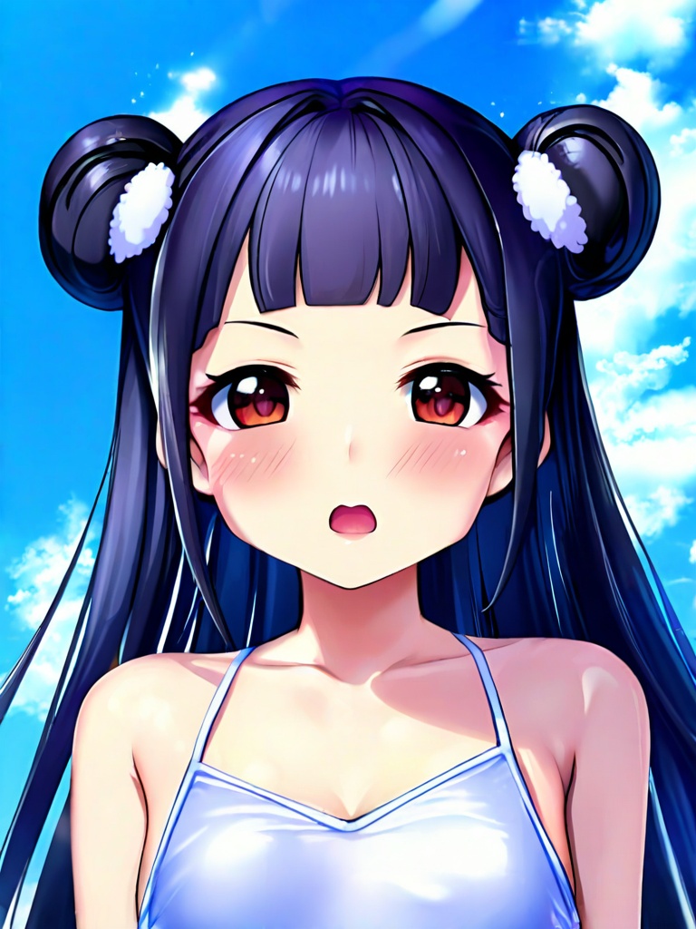 1girl, solo, long hair, looking at viewer, blush, open mouth, black hair, bare shoulders, collarbone, swimsuit, sky, day, hair bun, blue sky, parted bangs, one-piece swimsuit, double bun, facial mark, forehead mark, sessyoin kiara
