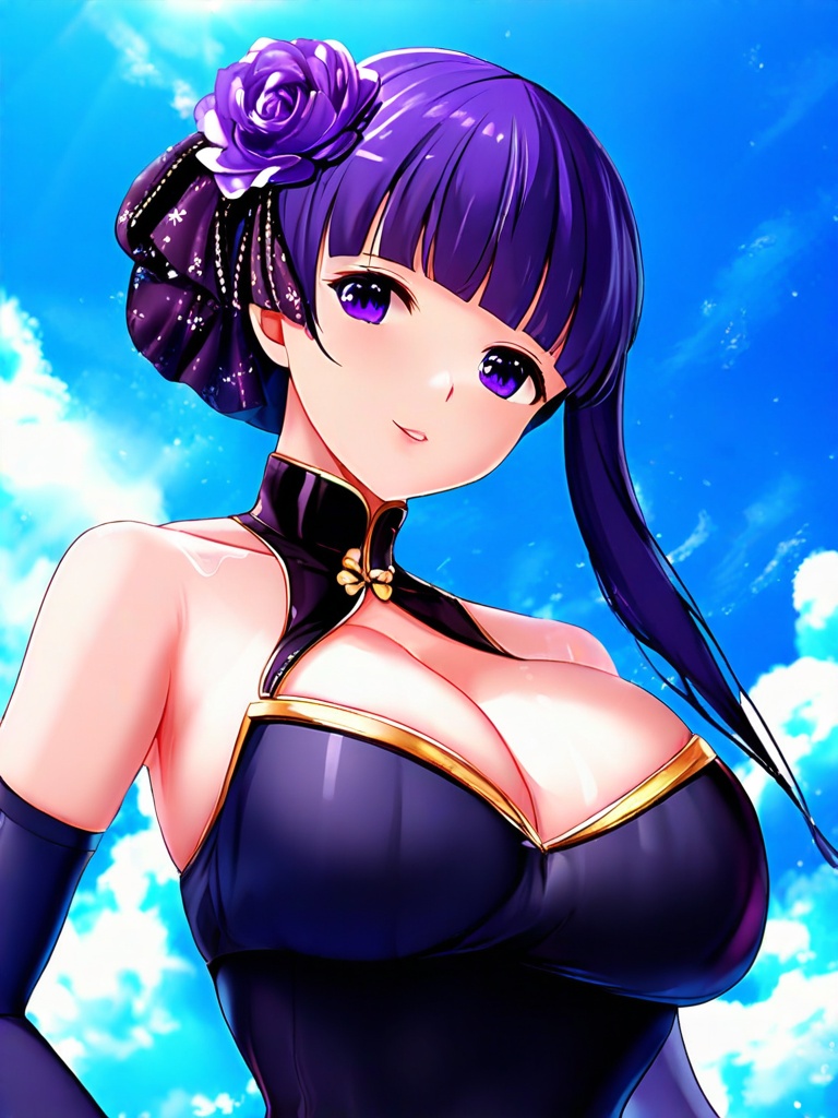 1girl, breasts, looking at viewer, large breasts, hair ornament, gloves, bare shoulders, purple eyes, swimsuit, purple hair, flower, sky, black gloves, hair flower, one-piece swimsuit, gold trim, black one-piece swimsuit, half gloves, hair up, murasaki shikibu (fate)
