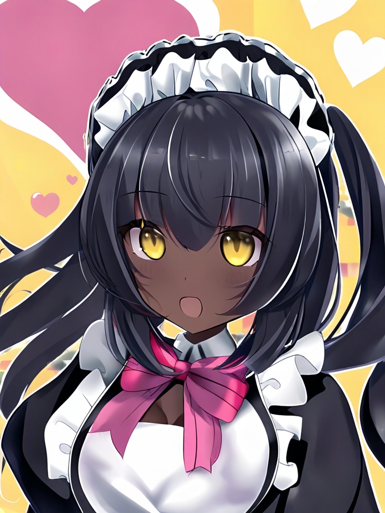 1girl, solo, black hair, yellow eyes, heart, dark skin, dark-skinned female, maid headdress, karin (blue archive)
