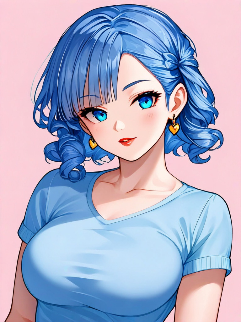 1girl, solo, breasts, looking at viewer, blue eyes, simple background, shirt, jewelry, upper body, short sleeves, earrings, drill hair

