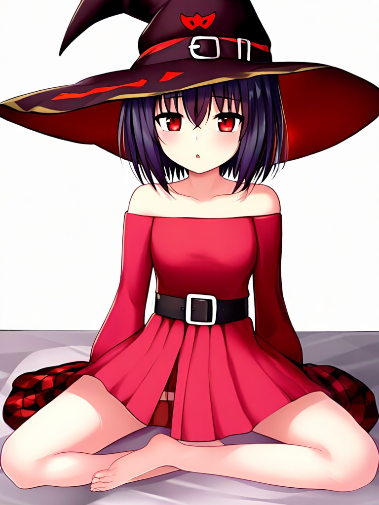 1girl, solo, looking at viewer, blush, long sleeves, red eyes, dress, hat, bare shoulders, sitting, collarbone, belt, off shoulder, witch hat, bandages, red dress, between legs, hand between legs, off-shoulder dress, bandaged leg, megumin
