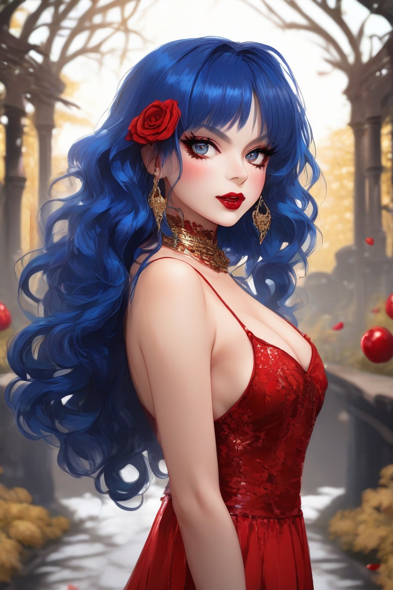 anime, Extremely specific 4K photograph of a woman with Chanel blue hair, eyes black, seductive look and soft smile, red lipstick on the lips, golden accessories, wearing a long red dress in the horror park, halloween
