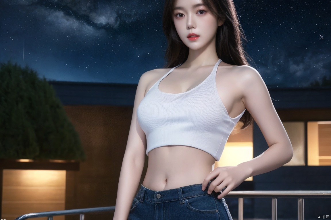 ,masterpiece,best quality,official art,extremely detailed CG unity 8k wallpaper, night, huge_filesize, album, girl,long hair,small breasts,starry sky,bare_shoulders ,(nipples under crop top:1.03),carnation crop top,hands on stomach