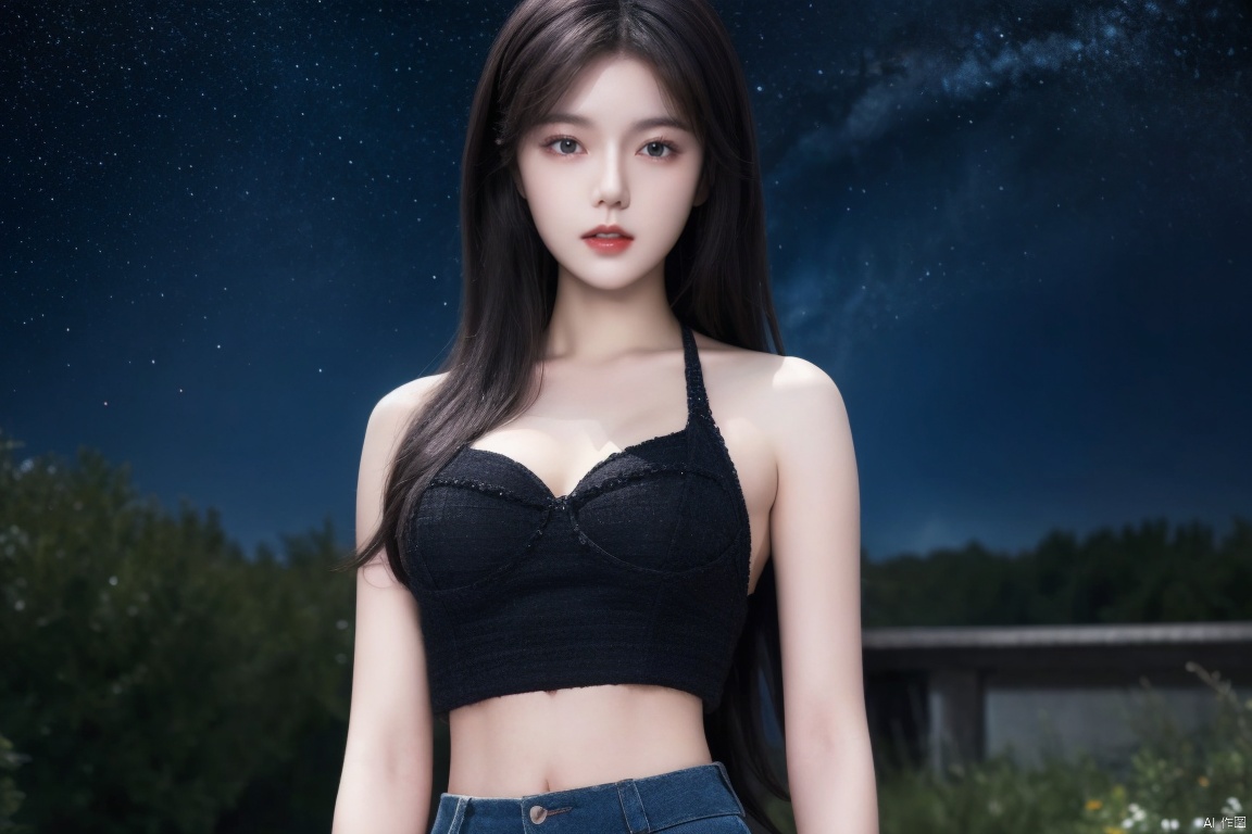 ,masterpiece,best quality,official art,extremely detailed CG unity 8k wallpaper, night, huge_filesize, album, girl,long hair,small breasts,starry sky,bare_shoulders ,(nipples under crop top:1.03),shadow 