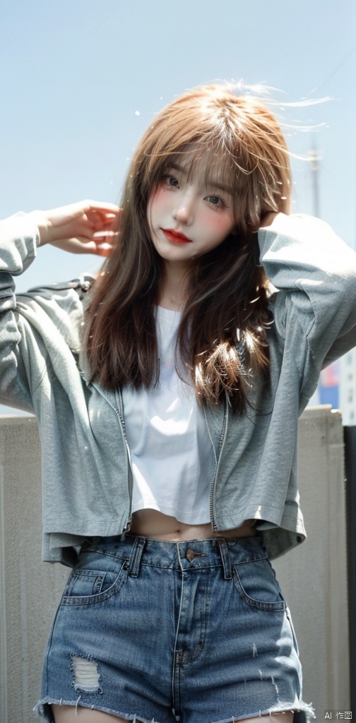 solo_female,head tilt,cityscape,white T-shirt,shorts,thin,nipples under the breasts:1.05,stretching,