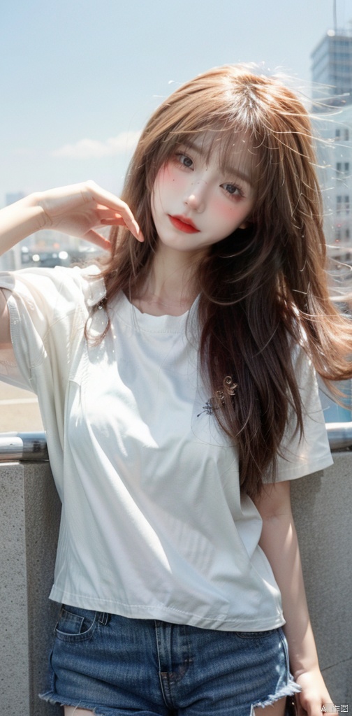 solo_female,head tilt,cityscape,white T-shirt,shorts,thin,nipples under the breasts:1.2,stretching,small_breasts 