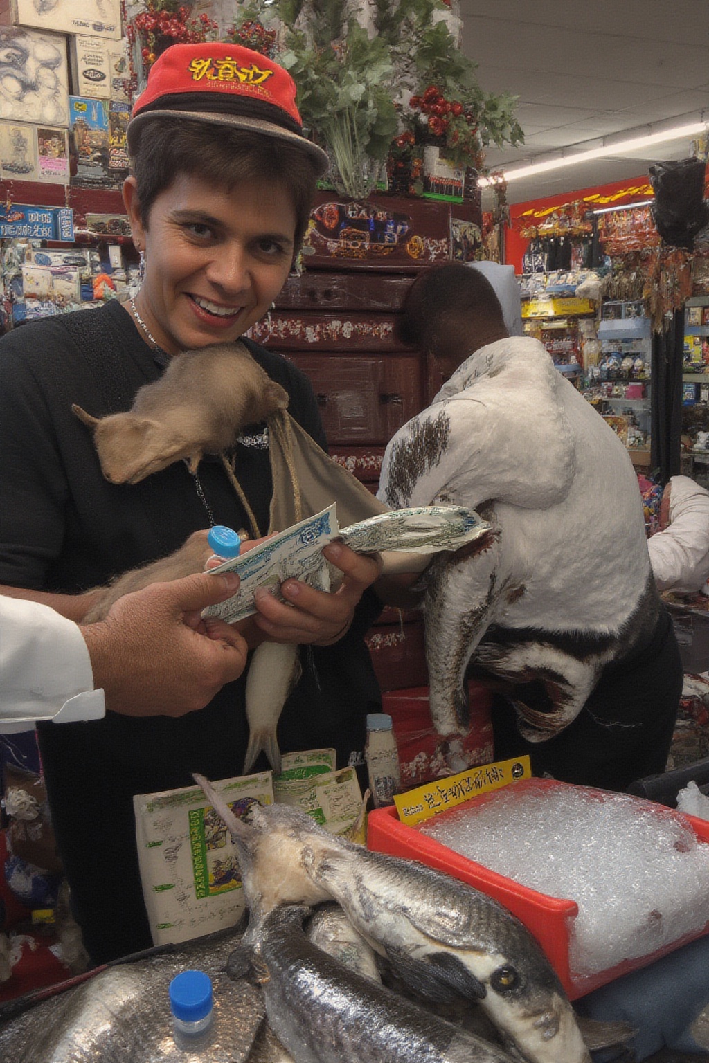 image of a hand offering money to a fishmonger cat,  holding fish,  8k on Tensor.Art