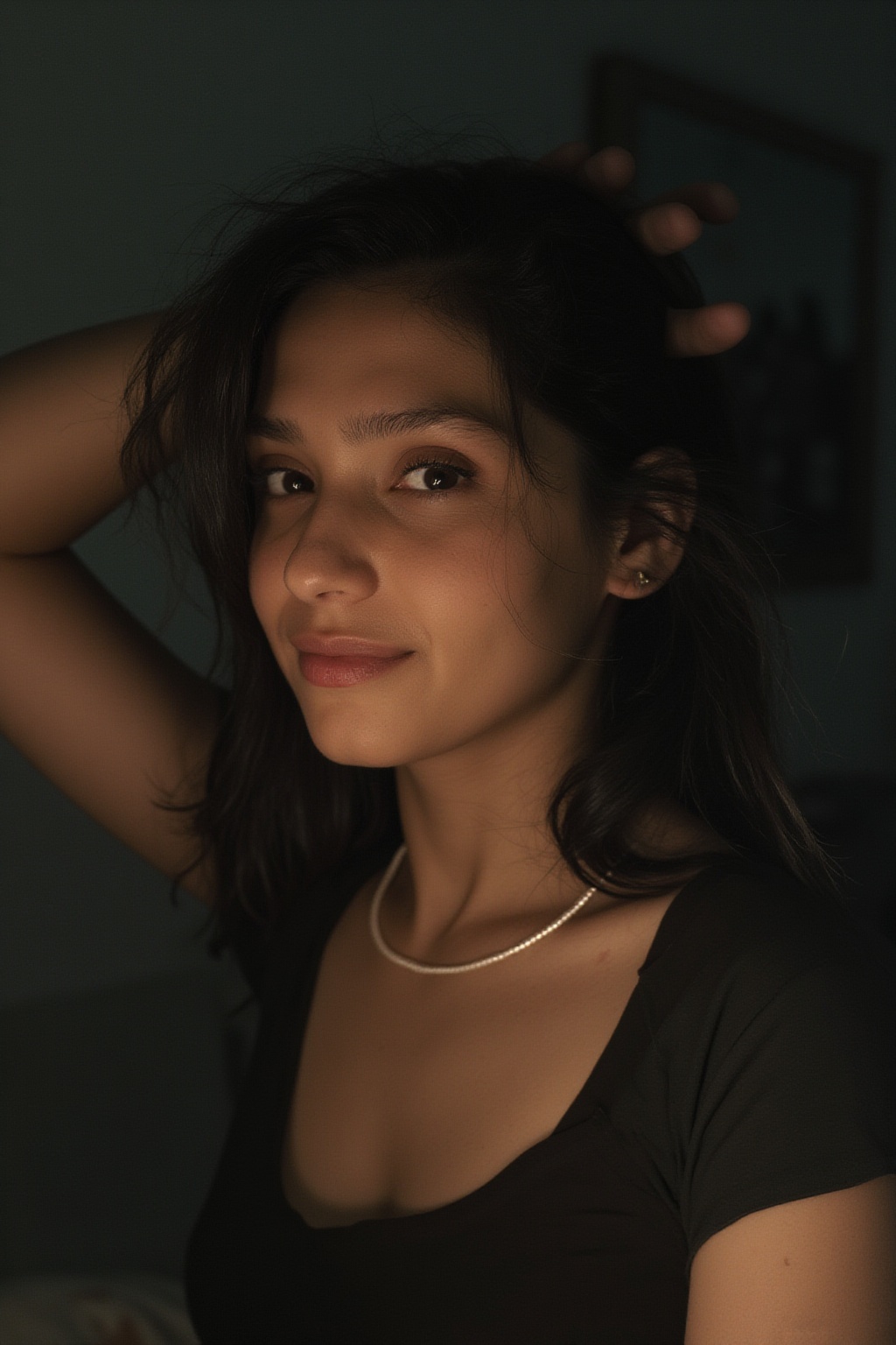 Create 7 separate realistic handheld selfie photos of the same beautiful woman in her dim bedroom at night. Use my real fa...