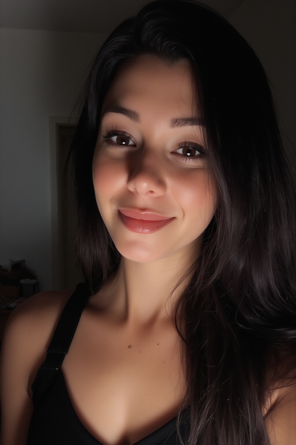Create 7 separate realistic handheld selfie photos of the same beautiful woman in her dim bedroom at night. Use my real fa...