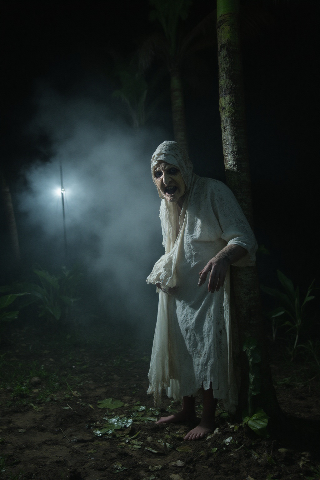 A terrifying night horror scene in a rural tropical area,  a human-like figure wrapped tightly in a dirty white burial shr...