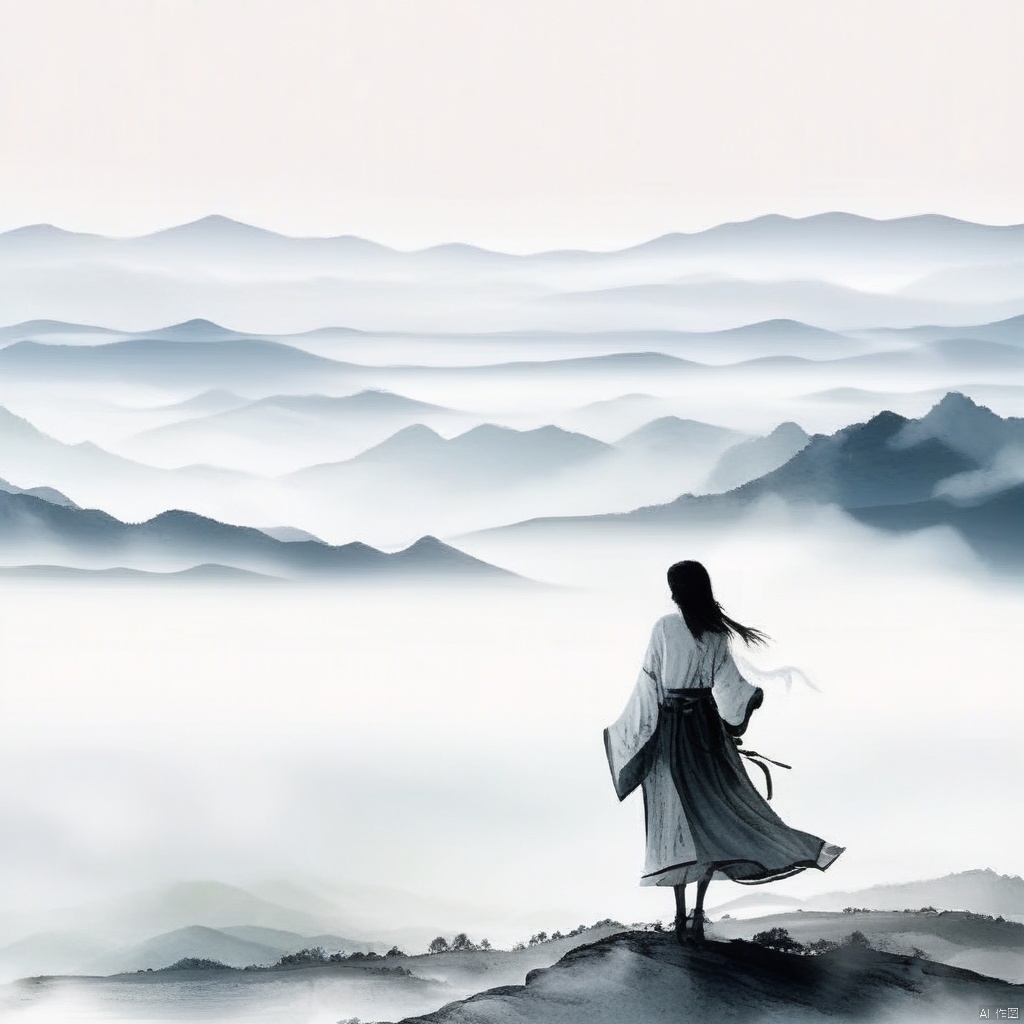 1girl,风景,烟雾,山脉,水墨风格,水墨画,杰出的艺术,高质量,超高清图像