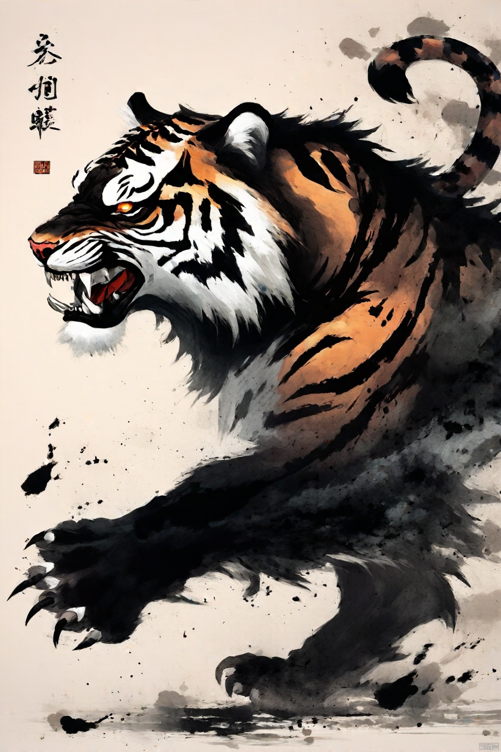 (Masterpiece, high quality, best quality, official art, beauty andaesthetics:1.2),水墨风格,西游记虎先锋,黑神话,暗黑风格,老虎形状的妖怪,大獠牙