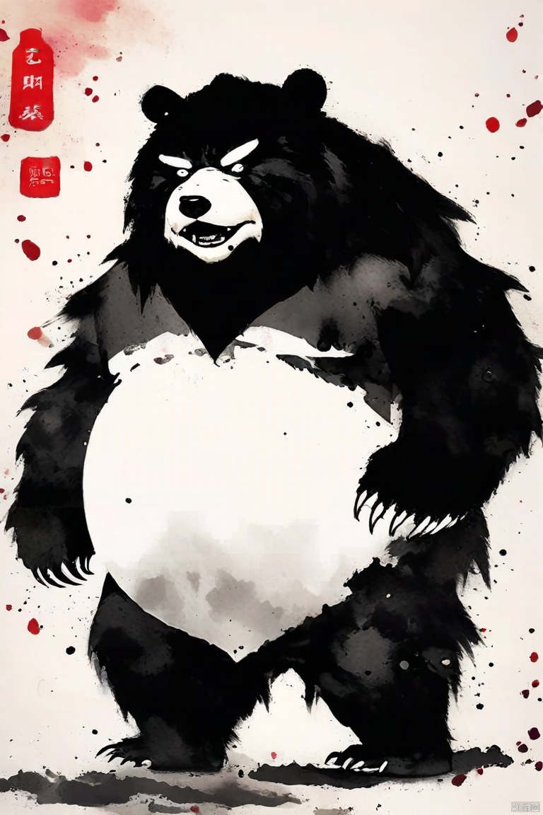 (Masterpiece, high quality, best quality, official art, beauty andaesthetics:1.2),水墨风格,西游记黑熊精,黑神话,暗黑风格,黑熊形状的妖怪,大獠牙,肥胖,凶狠