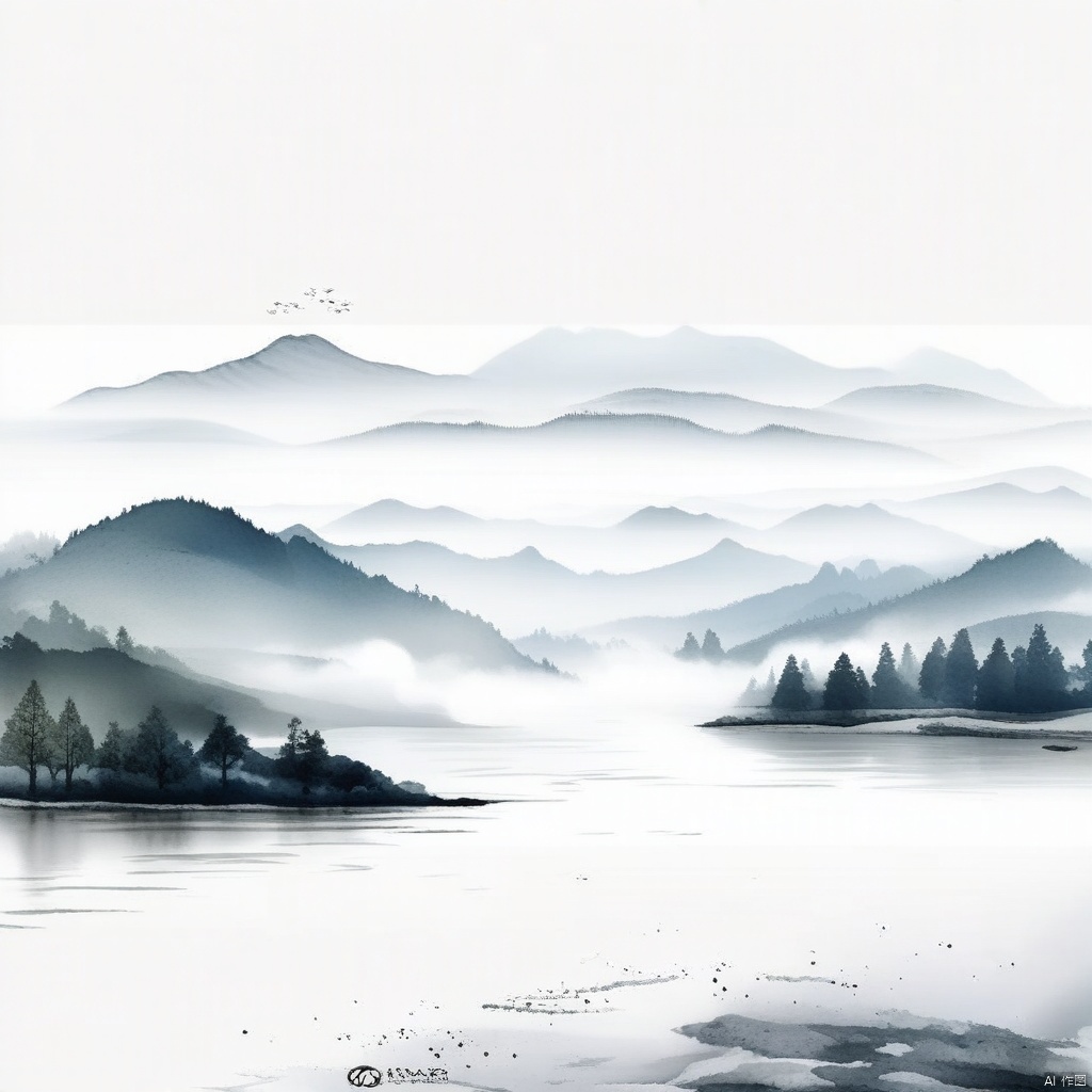 风景,烟雾,山脉,水墨风格,水墨画,杰出的艺术,高质量,超高清图像,河流,简单画作
