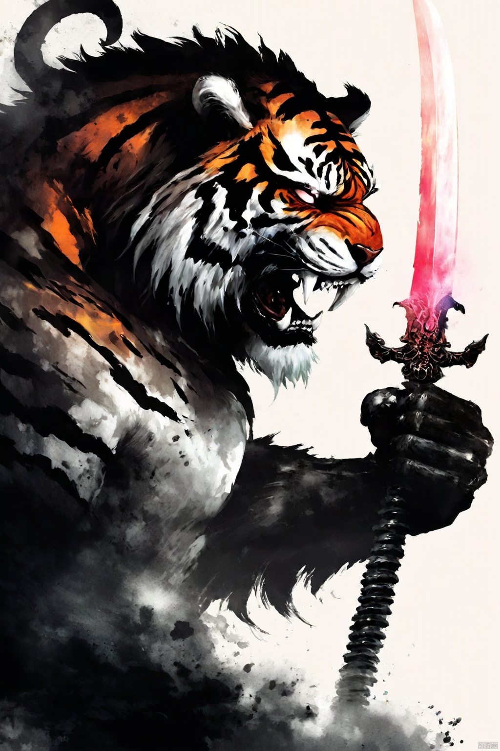 (Masterpiece, high quality, best quality, official art, beauty andaesthetics:1.2),水墨风格,西游记虎先锋,黑神话,暗黑风格,老虎形状的妖怪,大獠牙,手上拿着发光的宝剑