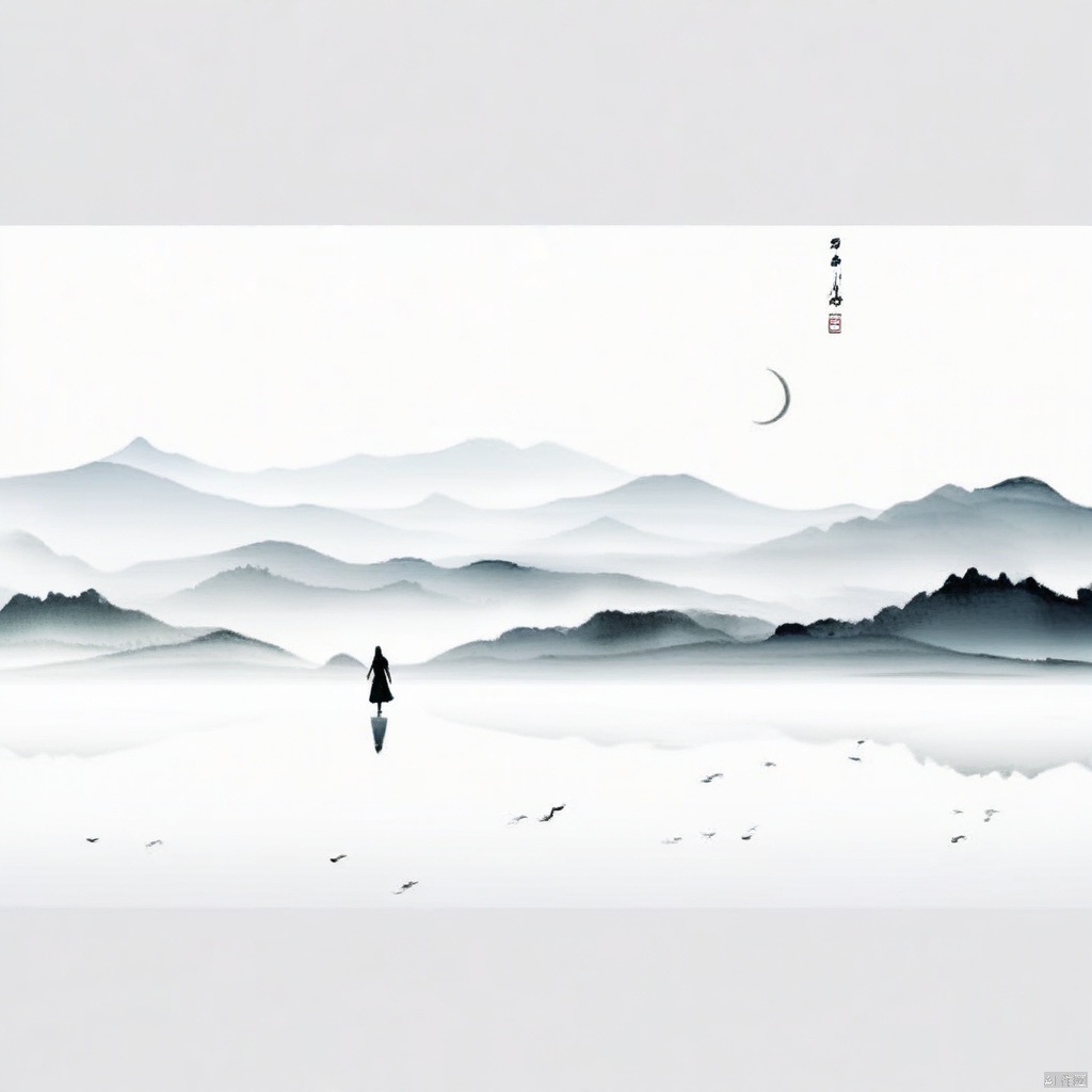 1girl,风景,烟雾,山脉,水墨风格,水墨画,杰出的艺术,高质量,超高清图像
