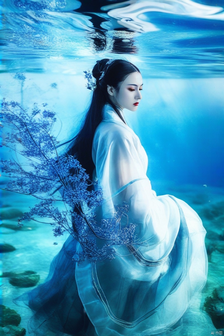  Elegant 1girl, solo,profile view, soft facial contours, long black hair, red lipstick, subtle makeup, wearing blue and white hanfu, intricate designs, serene style, underwater setting, greenish hue, calm ripples, high precision image, clear focus on face.,huoyan, blue fire