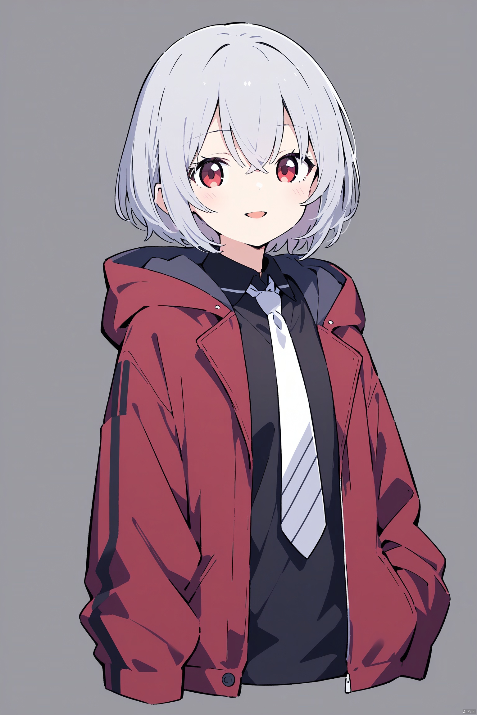 1girl, solo, red eyes, necktie, looking at viewer, shirt, jacket, white necktie, red jacket, upper body, grey hair, hood, open clothes, long sleeves, black shirt, hair between eyes, bangs, open jacket, collared shirt, open mouth, smile, parted lips, hooded jacket, grey background, hood down, sleeves past wrists, short hair, wing collar, cropped torso