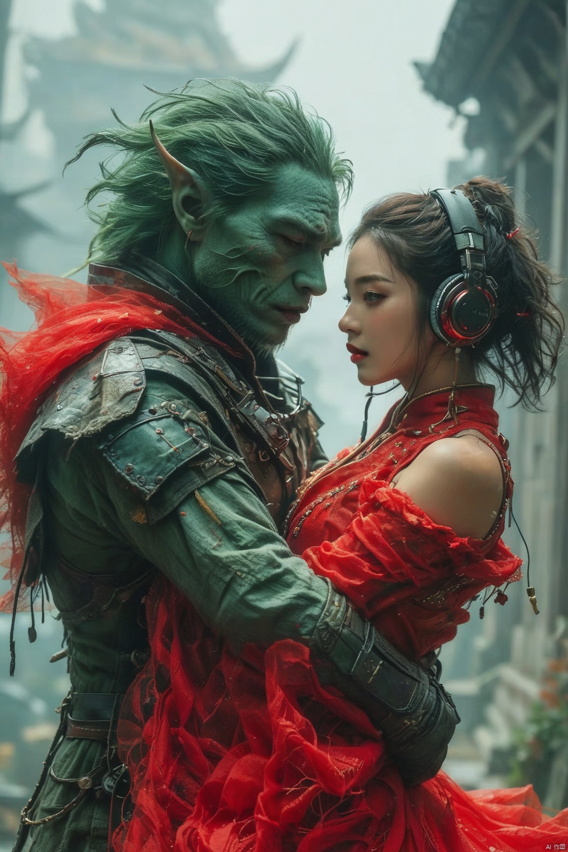 一个绿色怪物抱着一个美女,面对面,美女红衣漏出肩膀,戴着耳机