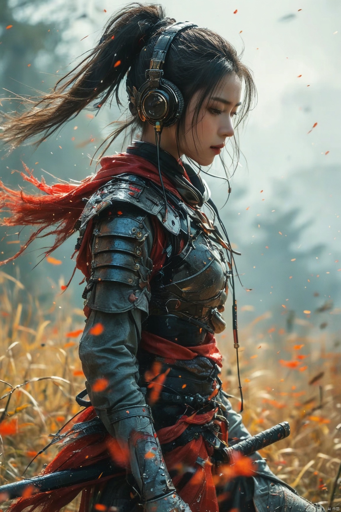 1girl,盔甲,高马尾,耳机,武侠