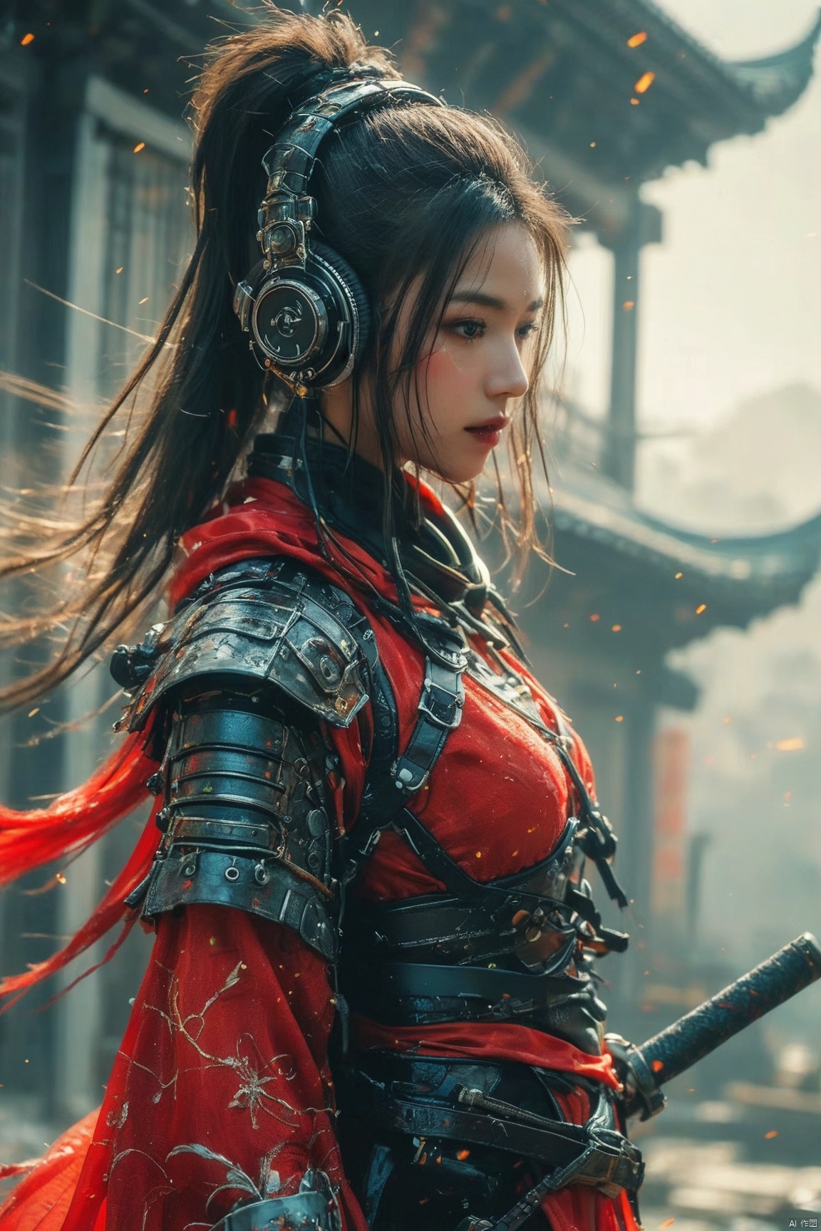1girl,盔甲,高马尾,耳机,武侠