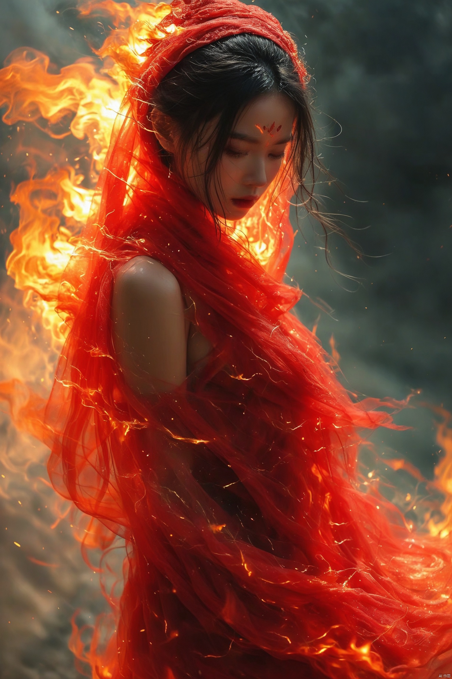 一个美女穿着红纱衣,身上燃烧着火焰,