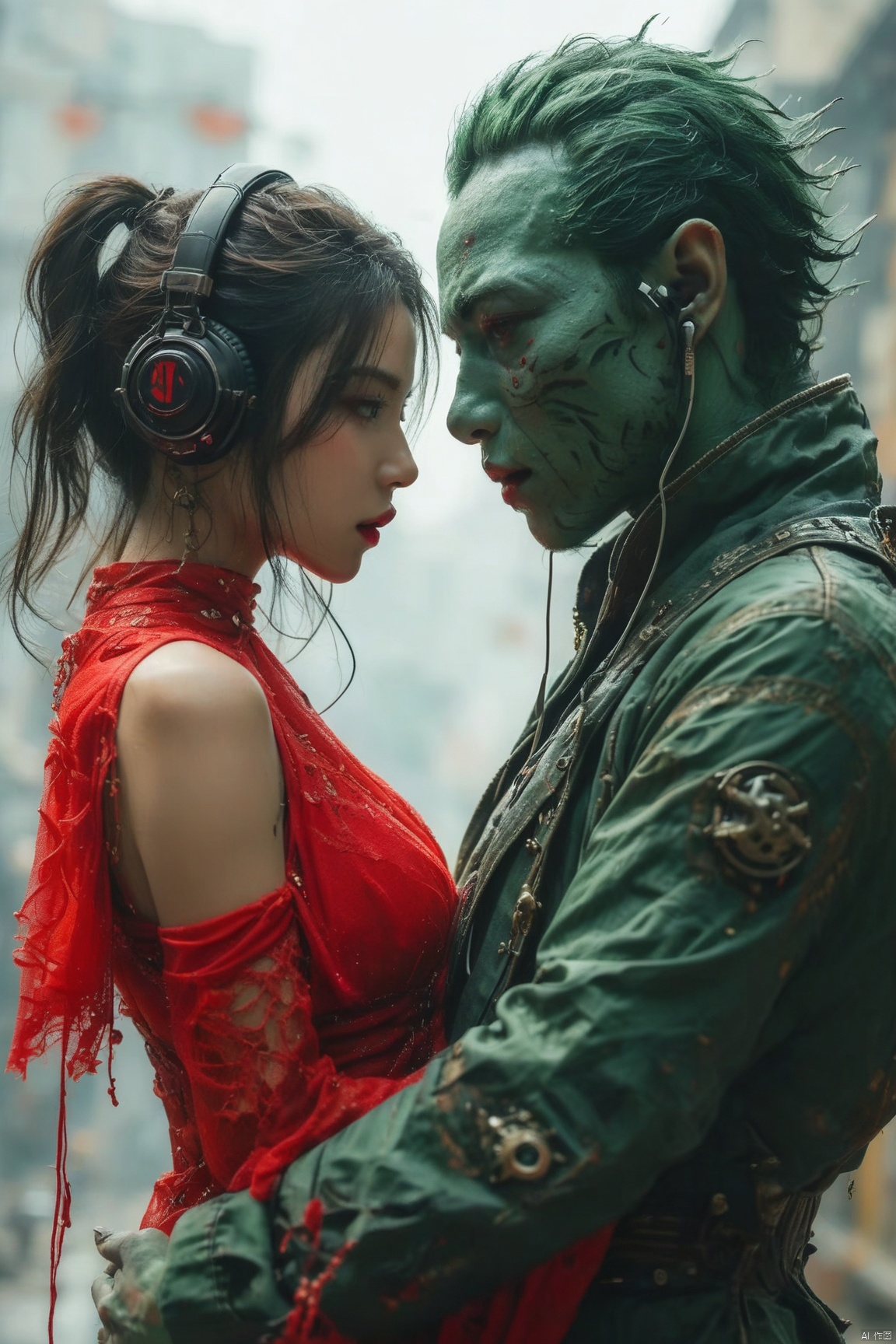 一个绿色怪物抱着一个美女,面对面,美女红衣漏出肩膀,红唇,戴着耳机,异世界
