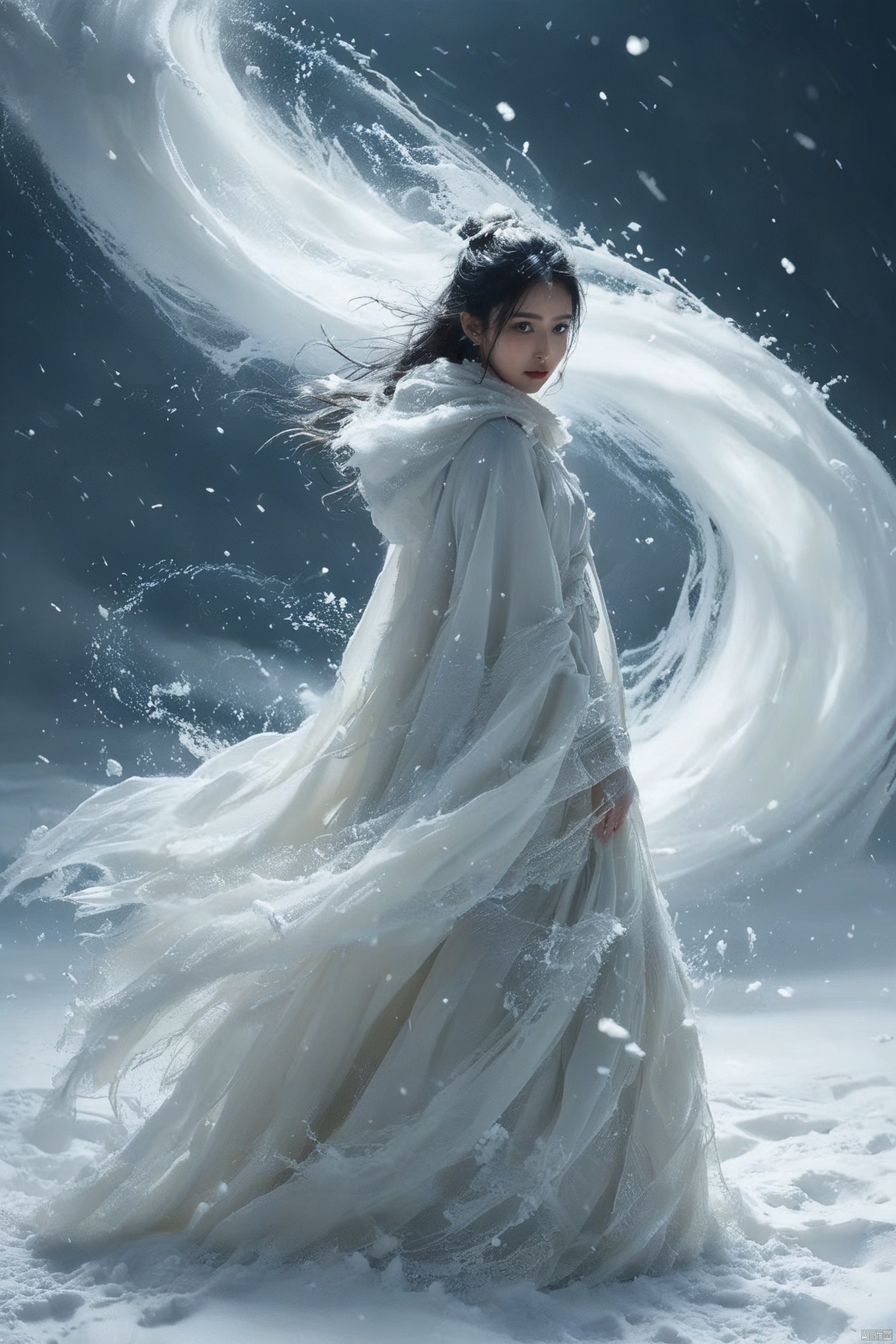 1美女穿着白袍,风雪的漩涡,下雪