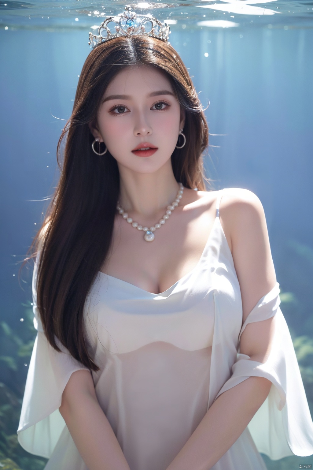 1girl, solo, long hair, breasts, brown hair, hair ornament, dress, cleavage, jewelry, medium breasts, upper body, earrings, parted lips, water, necklace, white dress, lips, see-through, tiara, gem, underwater, shell, pearl \(gemstone\), coral