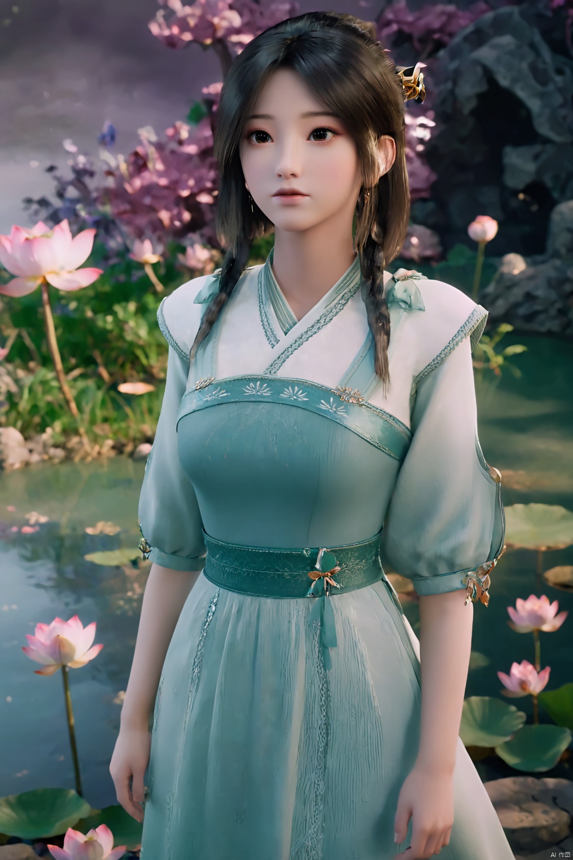 masterpiece,(best quality),(makeup),official art, extremely detailed cg 8k wallpaper,((crystalstexture skin)), (extremely delicate and beautiful),(highly detailed),(1girl), (solo), (jewelry), (earrings),(long_hair),(black_hair),(hair_ornament),(handwear),(breasts),(standing),(braided_hair:1.000),,(upper_body),((dress,skirt)),(multicolored_clothes),(multicolored_dress),(chinese_clothes),(adapted_costume),((closed_mouth)),(sleeves),,(sunshine, outdoor),((looking_at_viewer)),((Facing the camera)),Xzhouxiaohuan,(big breasts:1.89),,(A pond full of pink lotus flowers:1.5),Xjitanyin