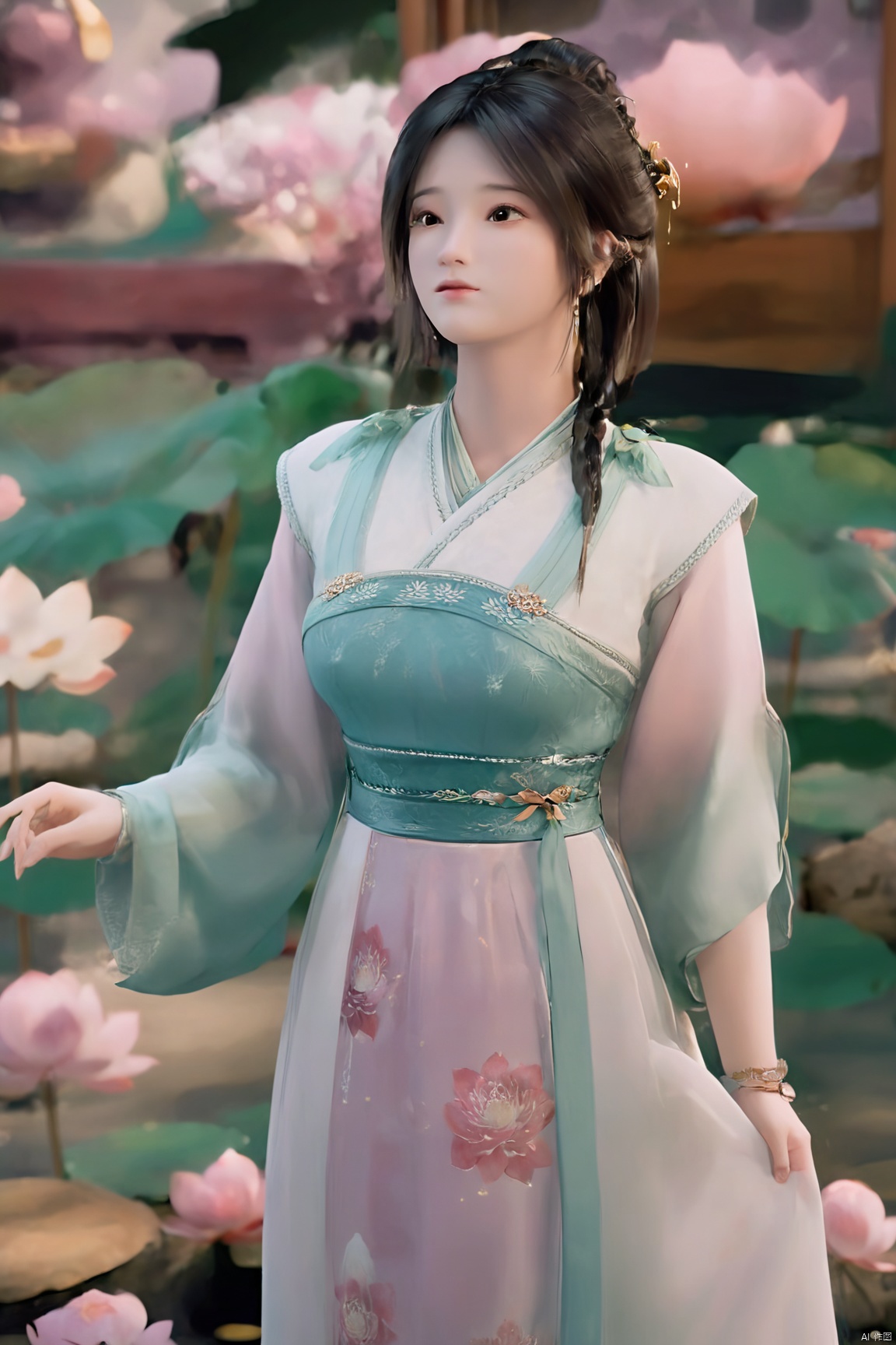 masterpiece,(best quality),(makeup),official art, extremely detailed cg 8k wallpaper,((crystalstexture skin)), (extremely delicate and beautiful),(highly detailed),(1girl), (solo), (jewelry), (earrings),(long_hair),(black_hair),(hair_ornament),(handwear),(breasts),(standing),(braided_hair:1.000),,(upper_body),((dress,skirt)),(multicolored_clothes),(multicolored_dress),(chinese_clothes),(adapted_costume),((closed_mouth)),(sleeves),,(sunshine, outdoor),((looking_at_viewer)),((Facing the camera)),Xzhouxiaohuan,(big breasts:1.89),,(A pond full of pink lotus flowers:1.5),Xjitanyin