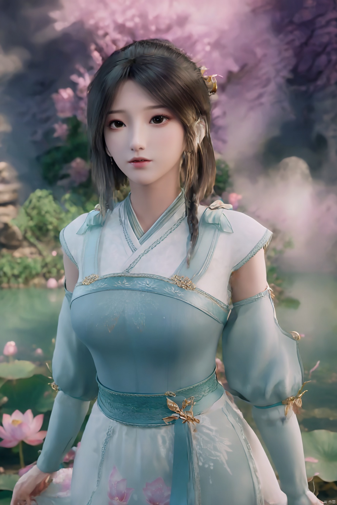 masterpiece,(best quality),(makeup),official art, extremely detailed cg 8k wallpaper,((crystalstexture skin)), (extremely delicate and beautiful),(highly detailed),(1girl), (solo), (jewelry), (earrings),(long_hair),(black_hair),(hair_ornament),(handwear),(breasts),(standing),(braided_hair:1.000),,(upper_body),((dress,skirt)),(multicolored_clothes),(multicolored_dress),(chinese_clothes),(adapted_costume),((closed_mouth)),(sleeves),,(sunshine, outdoor),((looking_at_viewer)),((Facing the camera)),Xzhouxiaohuan,(big breasts:1.89),,(A pond full of pink lotus flowers:1.5),Xjitanyin