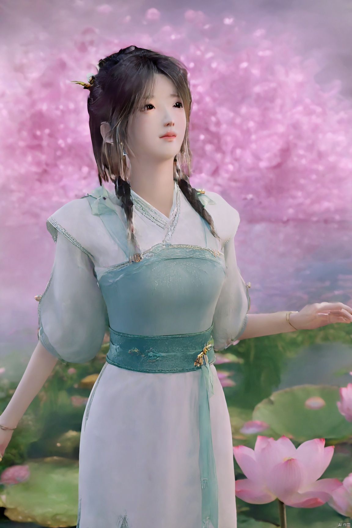 masterpiece,(best quality),(makeup),official art, extremely detailed cg 8k wallpaper,((crystalstexture skin)), (extremely delicate and beautiful),(highly detailed),(1girl), (solo), (jewelry), (earrings),(long_hair),(black_hair),(hair_ornament),(handwear),(breasts),(standing),(braided_hair:1.000),,(upper_body),((dress,skirt)),(multicolored_clothes),(multicolored_dress),(chinese_clothes),(adapted_costume),((closed_mouth)),(sleeves),,(sunshine, outdoor),((looking_at_viewer)),((Facing the camera)),Xzhouxiaohuan,(big breasts:1.89),,(A pond full of pink lotus flowers:1.5),Xjitanyin