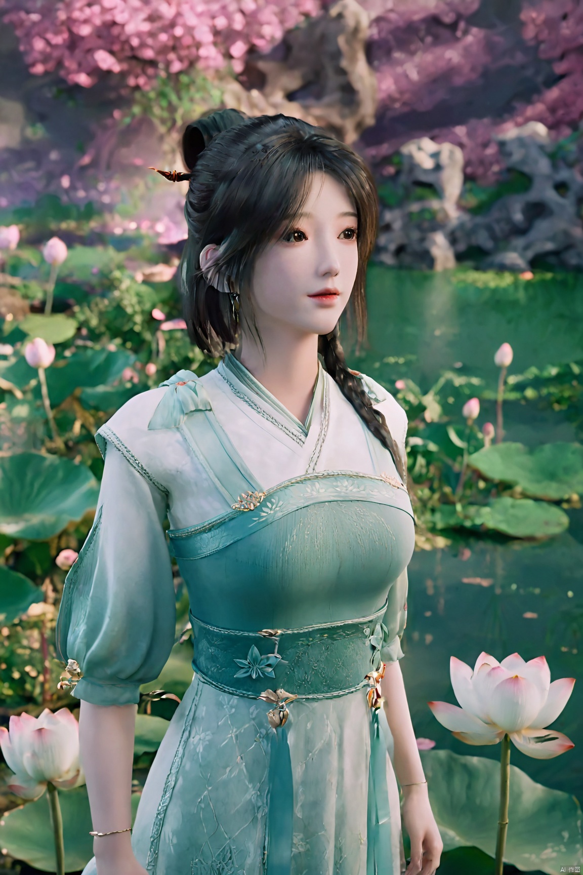 masterpiece,(best quality),(makeup),official art, extremely detailed cg 8k wallpaper,((crystalstexture skin)), (extremely delicate and beautiful),(highly detailed),(1girl), (solo), (jewelry), (earrings),(long_hair),(black_hair),(hair_ornament),(handwear),(breasts),(standing),(braided_hair:1.000),,(upper_body),((dress,skirt)),(multicolored_clothes),(multicolored_dress),(chinese_clothes),(adapted_costume),((closed_mouth)),(sleeves),,(sunshine, outdoor),((looking_at_viewer)),((Facing the camera)),Xzhouxiaohuan,(big breasts:1.89),,(A pond full of pink lotus flowers:1.5),Xjitanyin