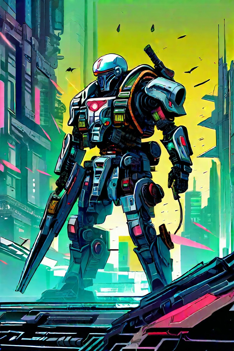 Prompt: In a dystopian cyberpunk future,  a mesmerizing propaganda poster beckons viewers to enlist in the military. Combi...