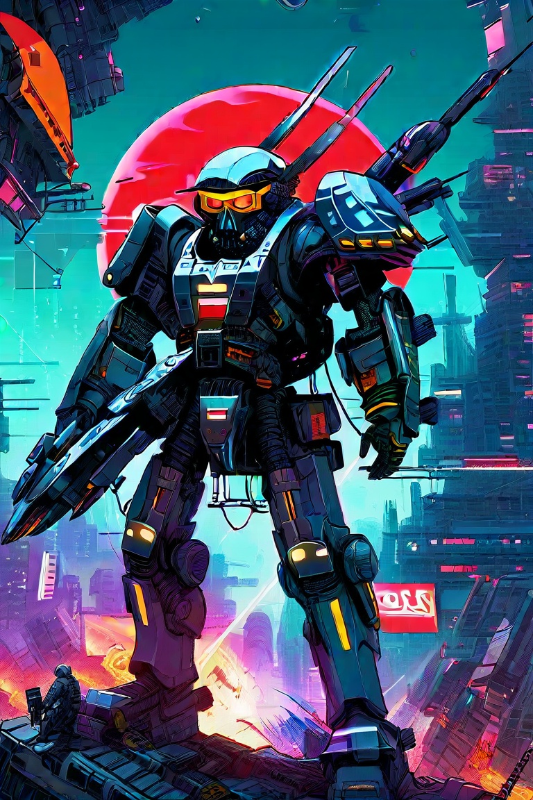 Prompt: In a dystopian cyberpunk future,  a mesmerizing propaganda poster beckons viewers to enlist in the military. Combi...